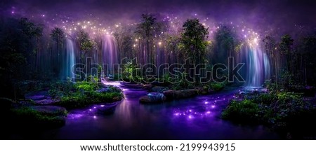 3D illustration rendering of forest image illuminated at night by bioluminescence. [[stock_photo]] © 
