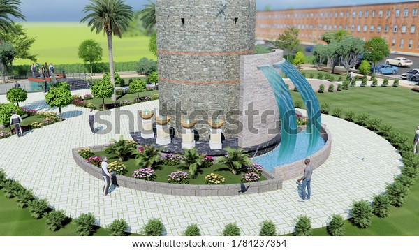 3D\
illustration, 3D rendering, 3D Images,  and 3D modeling work of\
Park design in Contemporary Architecture with restaurant, roof\
sitting, water fall and organic form dancing\
fountain.