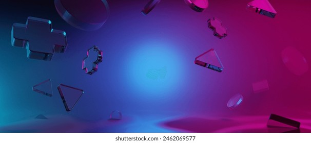 3d illustration rendering of joystick button controller floating for gamer technology futuristic cyberpunk display, gaming scifi stage pedestal background