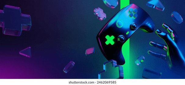 3d illustration rendering of joystick button controller floating for gamer technology futuristic cyberpunk display, gaming scifi stage pedestal background