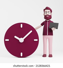 3D Illustration Rendering Man With Ticking Clock Business Startup NFT Games Defi Gamification Unicorn Finance Marketing Leadership Decision Flying Concept Kickoff Cartoon Comic People Growth