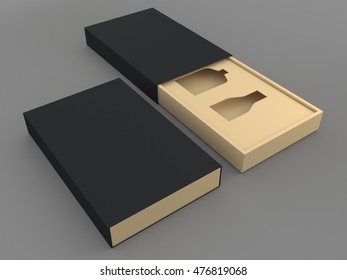 3D Illustration, 3D Rendering Mock Up Black And Brown Packaging For Perfume Or Liquor In Isolated Background With Work Paths, Clipping Paths Included.