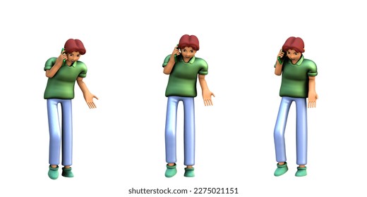 3D ILLUSTRATION RENDERING. OBJECT ELEMENT FOR GRAPHICS PORTRAIT SMILLING MAN CUTE CARTOON CHARACTER YOUNG MALE MODEL STANDING ON ISOLATED WHITE BACKGROUND. MINIMAL HUMAN TALKING ON MOBILE SMART PHONE.
