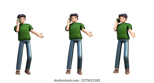 3D ILLUSTRATION RENDERING. OBJECT ELEMENT FOR GRAPHICS PORTRAIT SMILLING MAN CUTE CARTOON CHARACTER YOUNG MALE MODEL STANDING ON ISOLATED WHITE BACKGROUND. MINIMAL HUMAN TALKING ON MOBILE SMART PHONE.