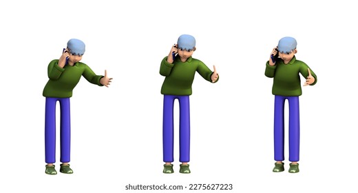 3D ILLUSTRATION RENDERING OBJECT ELEMENT FOR GRAPHICS PORTRAIT PERSONALITY GESTURE MODEL CARTOON CHARACTER MAN YOUNG MALE STANDING ON ISOLATED WHITE BACKGROUND MINIMAL HUMAN TALKING MOBILE SMART PHONE