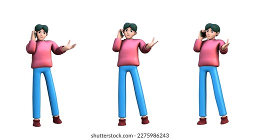 3D ILLUSTRATION RENDERING OBJECT ELEMENT GESTURE HUMAN CHARACTER TALKING MOBILE SMART PHONE FOR GRAPHICS PORTRAIT MINIMAL MAN PERSONALITY MODEL CARTOON YOUNG MALE STANDING ON ISOLATED WHITE BACKGROUND
