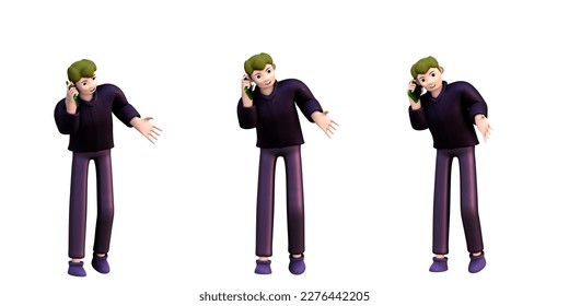 3D ILLUSTRATION RENDERING OBJECT ELEMENT GESTURE HUMAN CHARACTER TALKING MOBILE SMART PHONE FOR GRAPHICS PORTRAIT MINIMAL MAN PERSONALITY MODEL CARTOON YOUNG MALE STANDING ON ISOLATED WHITE BACKGROUND