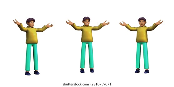 3D ILLUSTRATION RENDERING OBJECT ELEMENT FOR GRAPHICS PORTRAIT PERSONALITY GESTURE MODEL CARTOON CHARACTER MAN YOUNG MALE STANDING ON ISOLATED WHITE BACKGROUND MINIMAL HUMAN TALKING MOBILE SMART PHONE