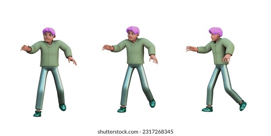 3D ILLUSTRATION RENDERING. OBJECT ELEMENT FOR GRAPHICS PORTRAIT SMILLING MAN CUTE CARTOON CHARACTER YOUNG MALE MODEL STANDING ON ISOLATED WHITE BACKGROUND. MINIMAL HUMAN TALKING ON MOBILE SMART PHONE.