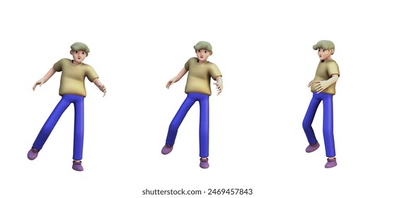 3D ILLUSTRATION RENDERING. OBJECT ELEMENT FOR GRAPHICS PORTRAIT SMILLING MAN CUTE CARTOON CHARACTER YOUNG MALE MODEL STANDING ON ISOLATED WHITE BACKGROUND. MINIMAL HUMAN ACTION.