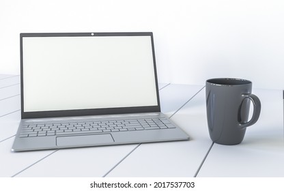 3D illustration, 3D Rendering Office room with laptop on the table, 3D style.