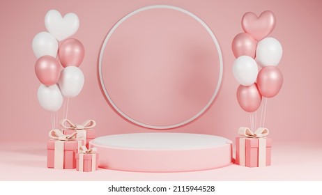 3D Illustration Rendering Present Gift Love Relationship Valentine's Day Valentine Heart Enjoyment Podium Display Platform Exhibition Product Mockup Beauty Cosmetic Modern Box Round Pink Red Copper