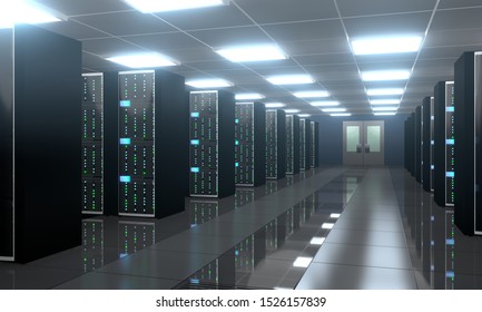 3D Illustration/ 3D Rendering - Server Room/ Data Center - Storage, Hosting Concept.