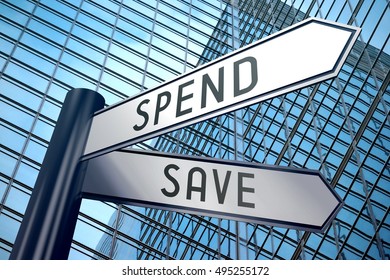 3D illustration/ 3D rendering - signpost illustration, two arrows - spend or save.
