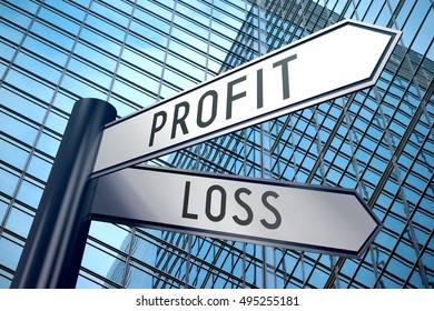 3D illustration/ 3D rendering - signpost illustration, two arrows - profit and loss.
