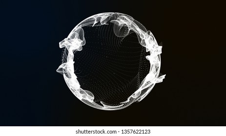3D illustration rendering Sphere circle digital abstract particles form grid lines,  white surface.