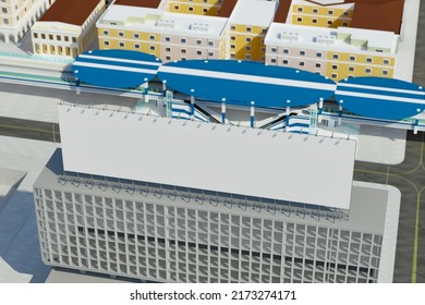 3D illustration, rendering Top view Blank large mockup advertising billboard on the roof or top of high building in downtown, empty space to insert advertisement information in public