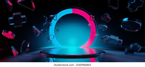 3d illustration rendering of triangle y2k 2000s gamer technology futuristic cyberpunk sci-fi display podium, gaming stage pedestal abstract  background