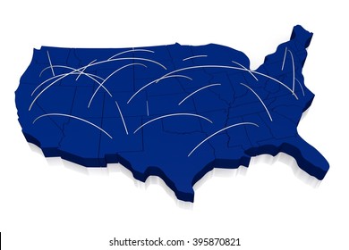 3D Illustration/ 3D Rendering - USA Map (United States Of America) - Flight Connections, Communication.