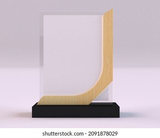 3D Illustration Rendering Of Wooden And Glass Trophy Award Shield In Highresolution Image Mockup On White Background With Black Base
