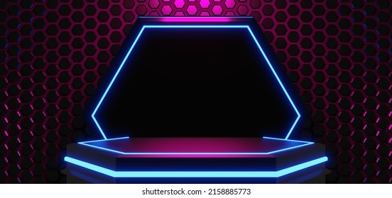 3d Illustration Rendering,gaming Gamer Background Abstract Wallpaper,cyberpunk Style Metaverse Scifi Game, Neon Glow Of Stage Scene Pedestal Room