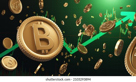 3D Illustration Renedering Bitcoin Golden Gold Growth Gain Chart Trend Graph Cryptocurrency Crypto Ethereum Blockchain NFT BTC USD Defi Investment Savings Economy Market Trend Rich Finance Metaverse