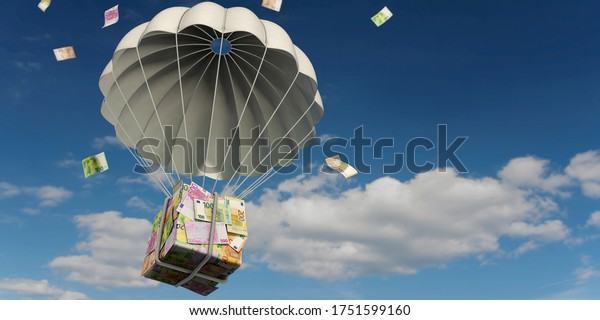 3D\
illustration, An rescue package falls from the\
sky