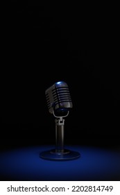 3D Illustration, Retro Microphone On Dark Background, Podcast Concept.