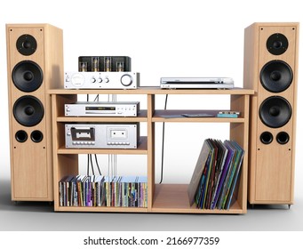 3d Illustration Of A Retro Stereo System In Light Wood With Two Large Speakers And A Tape Deck And Record Player With Shelves Displaying The Records.