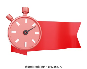 3d Illustration Of Ribbons Or Red Flag With Timer Or Stopwatch