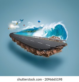 3d illustration of road advertisement. tropical beach road isolated. Travel and vacation background. 