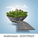 3d illustration of road with beautiful landscape isolated. Travel and vacation road advertisement. Bending road and highway ads.