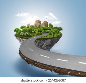 3d illustration of road with beautiful landscape isolated. travel and vacation road advertisement. Bending road and highway ads
