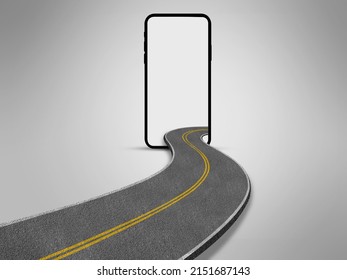 3d Illustration Of Road Coming Out Of Smartphone, Realistic Road In Mobile. Online Shopping Creative Ads, Mockup Design Isolated With White Background.