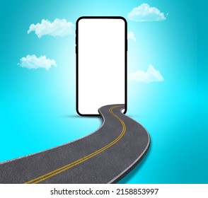 3d Illustration Of Road Coming Out Of Smartphone, Realistic Road In Mobile. Online Shopping Creative Ads, Mockup Design Isolated With Clouds.