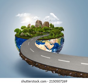 3d Illustration Of Road On Earth Globe Showing Concept Isolated With Trees ,mountain ,animals And Clouds. Travel And Tourism Background.