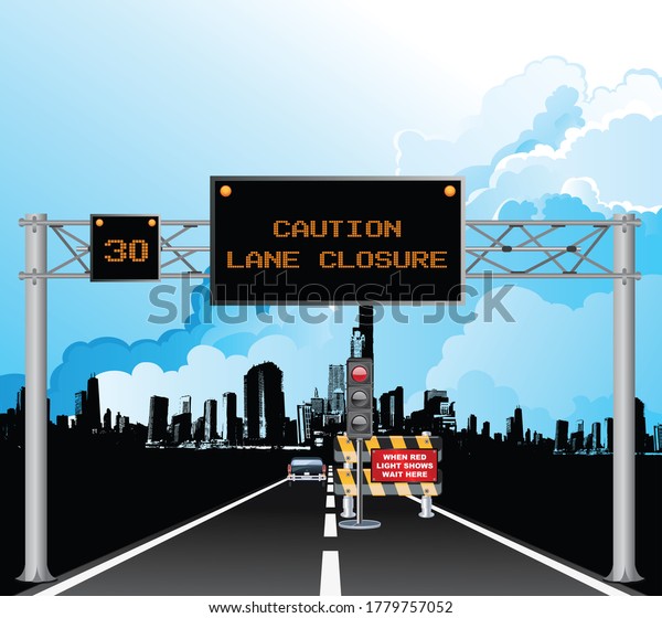 3D illustration roadway\
overhead digital gantry sign with caution roadworks lane closure\
message and temporary traffic lights set against a blue cloudy sky\
