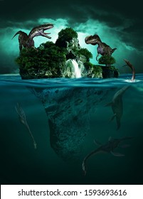 3D illustration of roaming dinosaurs in a small island above the sea