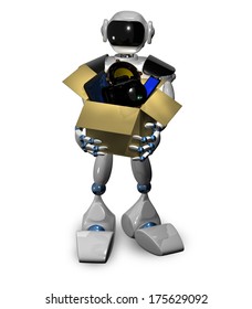 3d illustration of a robot with a box of gadgets