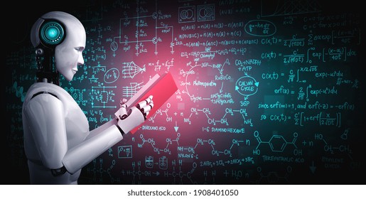 3D Illustration Of Robot Humanoid Reading Book And Solving Math Data Analytics In Concept Of Future Mathematics Artificial Intelligence, Data Mining And 4th Fourth Industrial Automation Revolution .