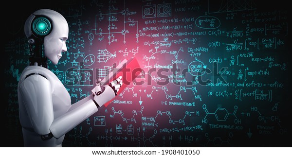 3D illustration of robot humanoid reading book and\
solving math data analytics in concept of future mathematics\
artificial intelligence, data mining and 4th fourth industrial\
automation revolution\
.