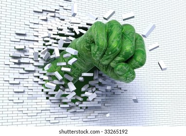 3D illustration of robotic hand punching and breaking through a brick wall, metaphor for technological break through and revolution
