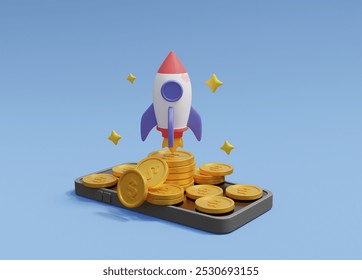 3D illustration of a rocket launch icon from a pile of dollar gold coins displayed on a mobile phone screen. It symbolizes the growth of digital finance and mobile wealth creation.