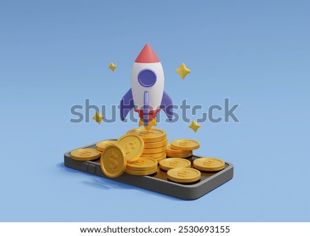 3D illustration of a rocket launch icon from a pile of dollar gold coins displayed on a mobile phone screen. It symbolizes the growth of digital finance and mobile wealth creation.