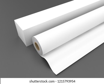 3D Illustration of a roll of paper, banner or sticker with its box. Mock-up for industry