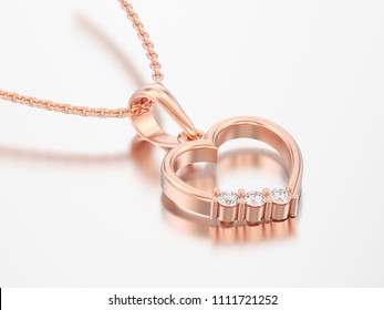 3D Illustration Rose Gold Diamond Heart Necklace On Chain On A Grey Background