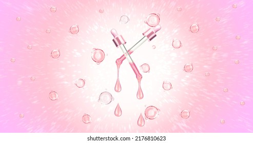 3d Illustration Rose Stretching Oil In Bubbles In Pink Tones. Woman Anti Aging Concept. Advertising Rejuvenation, Cosmetology, Biological Additives, Stem Cell Storage And The Birth Of A New Life