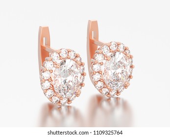 3D illustration rosegold diamond earrings with oval gemstone with hinged lock on a grey background - Shutterstock ID 1109325764