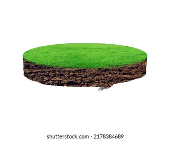 3D Illustration Of Round Ground Soil Cross-section With Earth And Green Grass, Realistic 3D Rendering Ground Floor Cutaway With Insulated Rock. 