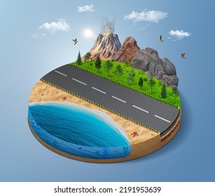 3D Illustration Of Round Isometric Paradise With Isolated Road And Trees, Green Grass, Mountains. Highway With Blue Ocean Beach And Beautiful Landscape. Beautiful Mini World Holidays Advertisement Ad.